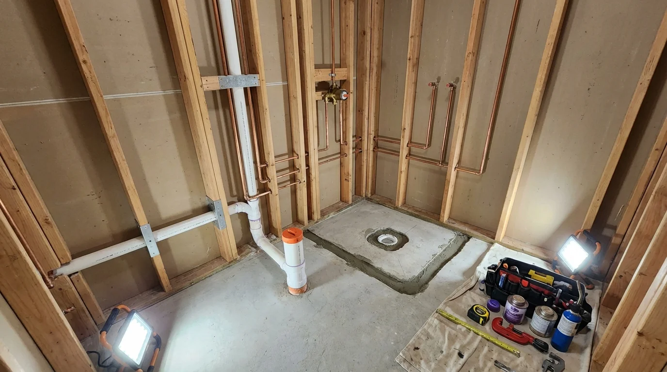 Bathroom rough-in plumbing during remodel by Johns Plumbing LLC in Othello