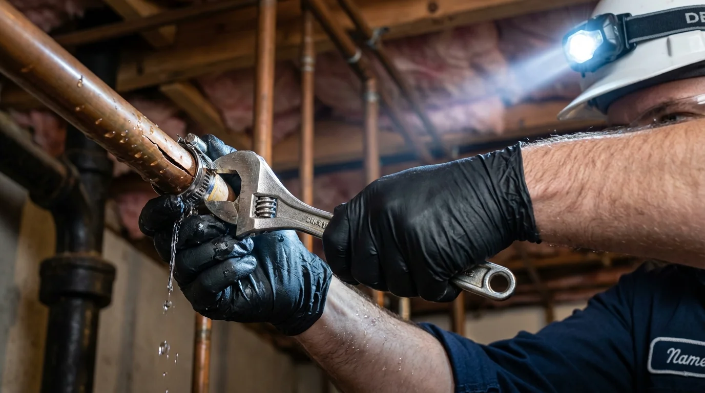 Emergency pipe clamp repair being performed by a Johns Plumbing LLC plumber in Othello