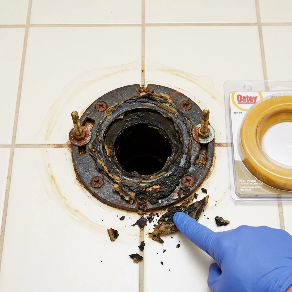 Failed wax ring showing water seepage at the base of a toilet in a Othello, WA home